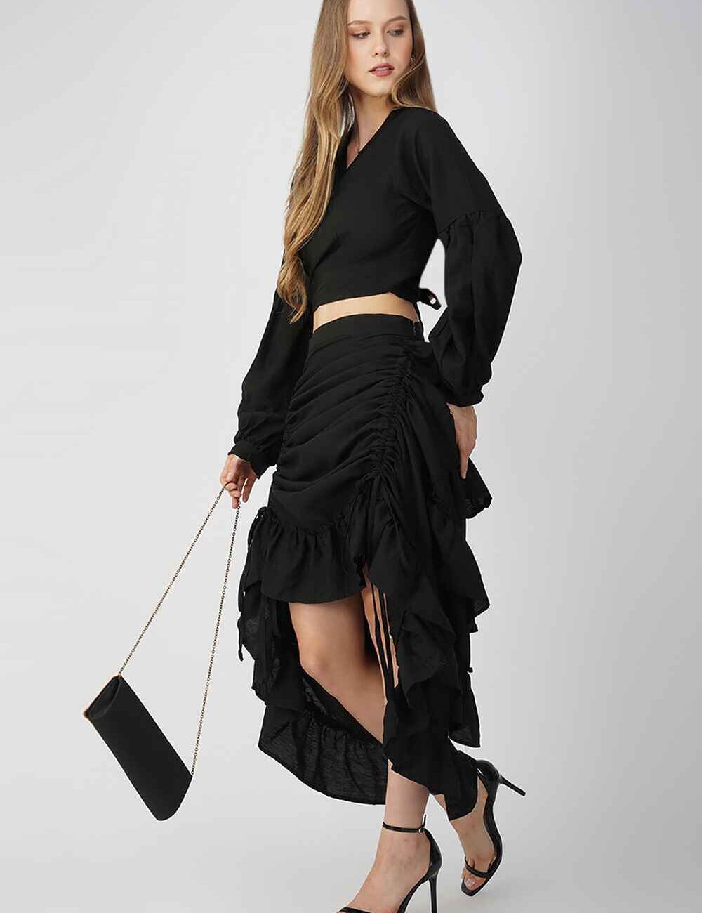 Black cotton-linen skirt with ruffled hem offering a versatile and elegant style